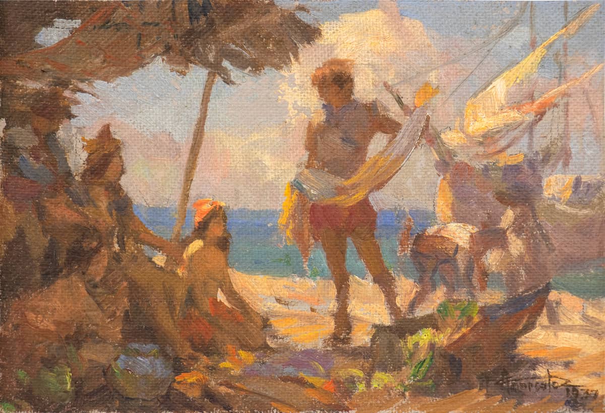 Untitled oil on masonite by Fernando Amorsolo, possibly a boceto for a mural in the Philippine pavilion at the 1937 Paris Exposition.Estimated at P1.5 million to P2 million.